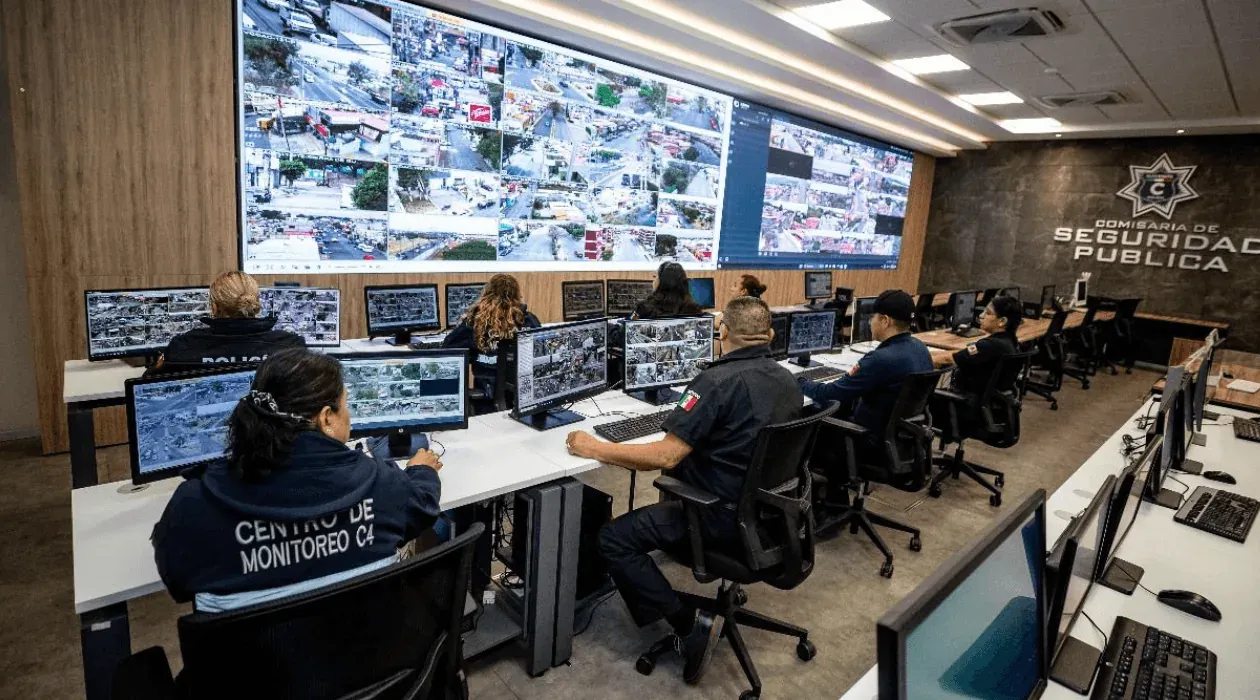 Centro de monitoreo C4 con video wall y operadores de seguridad pública