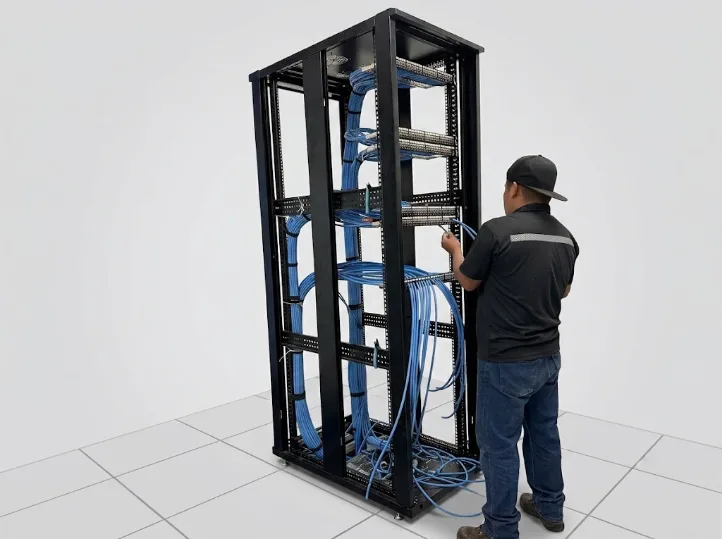 Técnico armando y certificando un rack