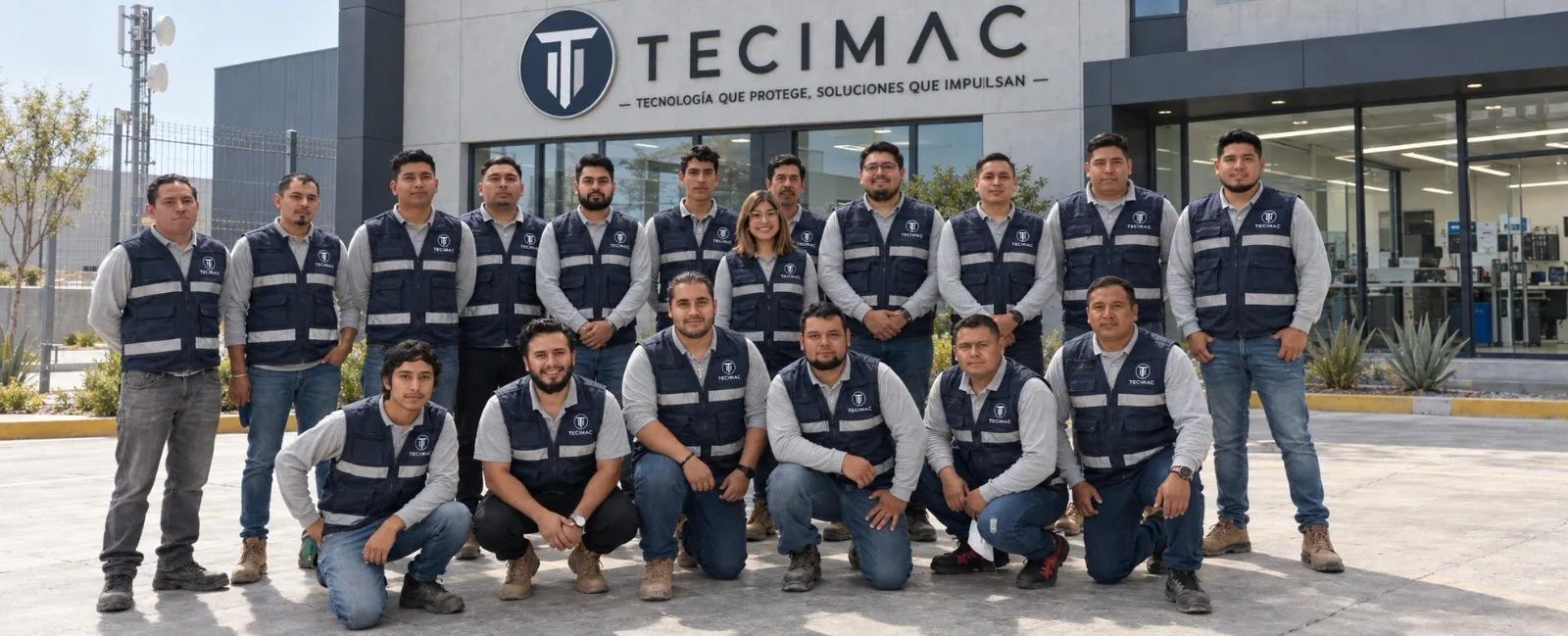 Equipo técnico de Tecimac con chalecos de la empresa, frente a un edificio con el logotipo de TECIMAC