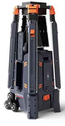 Torre GD-500 plegada en configuración de transporte sobre sus ruedas
